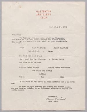 [Letter from Galveston Artillery Club, September 14, 1951]