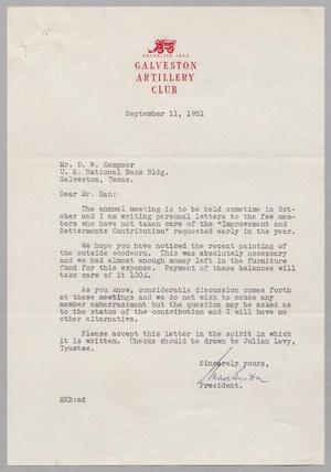 [Letter from Galveston Artillery Club to D. W. Kempner, September 11, 1951]