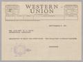 Primary view of [Telegram from Jeane and D. W. Kempner to Mr. and Mrs. W. L. Gatz, September 5, 1951]