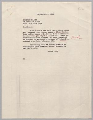 [Letter from Daniel W. Kempner to Maison Glass, September 1, 1951]