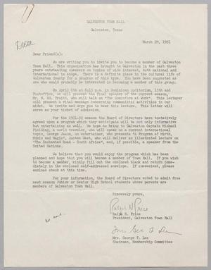 [Letter from Galveston Town Hall, March 29, 1951]