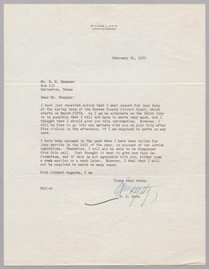 Primary view of object titled '[Letter from William L. Gatz to Daniel W. Kempner, February 21, 1951]'.