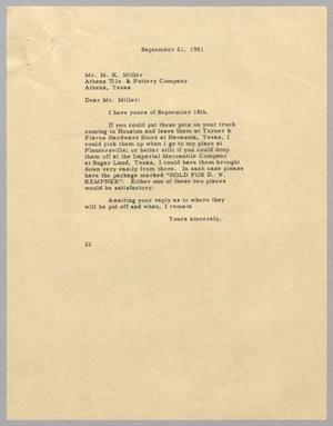 [Letter from Daniel W. Kempner to Athens Tile & Pottery Company, September 21, 1951]