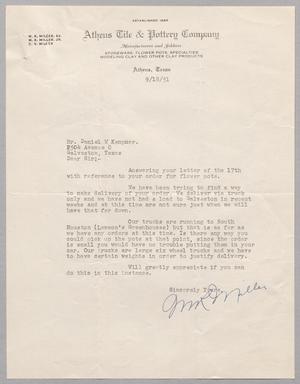 [Letter from Athens Tile & Pottery Company to Daniel W. Kempner, September 18, 1951]