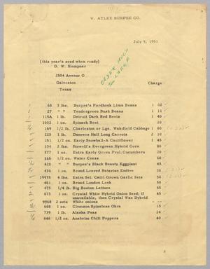 [Draft Burpee Gardening Supply Order, July 9, 1951]