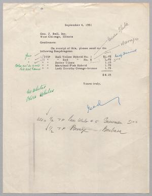 [Draft Order for Snapdragon Seeds, September 4, 1951]