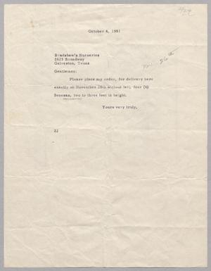 [Letter from Daniel W. Kempner to Bradshaw's Nurseries, October 4, 1951]