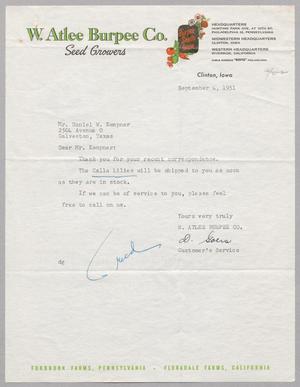 [Letter from W. Atlee Burpee Company to Daniel W. Kempner, September 4, 1951]