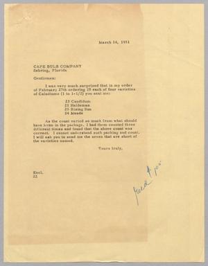 Primary view of object titled '[Letter from Daniel W. Kempner to Cape Bulb Company, March 14, 1951]'.
