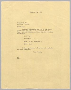 Primary view of object titled '[Letter from Daniel W. Kempner to Cape Bulb Company, February 27, 1951]'.