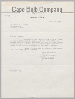 [Letter from Cape Bulb Company to Daniel W. Kempner, March 17, 1951]
