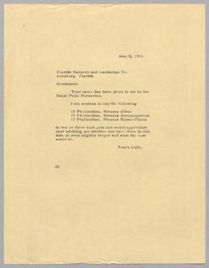 Primary view of object titled '[Letter from Daniel W. Kempner to Florida Nursery and Landscape Company, May 8, 1951]'.