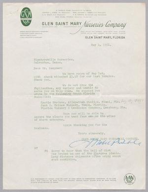 Primary view of object titled '[Letter from Glen Saint Mary Nurseries Company to Daniel W. Kempner, May 4, 1951]'.