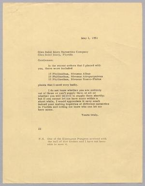 Primary view of object titled '[Letter from Daniel W. Kempner to Glen Saint Mary Nurseries Company, May1, 1951]'.