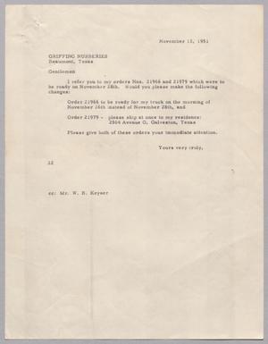 [Letter from Daniel W. Kempner to Griffing Nurseries, November 13, 1951]