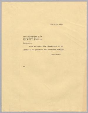 [Letter from Daniel W. Kempner to Peter Henderson & Company, April 24, 1951]