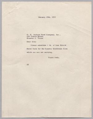 Primary view of object titled '[Letter from Daniel W. Kempner to O. P.  Jackson Seed Company, January 29, 1951]'.