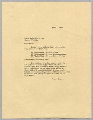 Primary view of object titled '[Letter from Daniel W. Kempner to Royal Palm Nurseries, May 1, 1951]'.