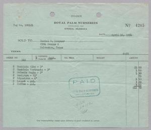 Primary view of object titled '[Invoice for Balance Due to Royal Palm Nurseries, April 1951]'.