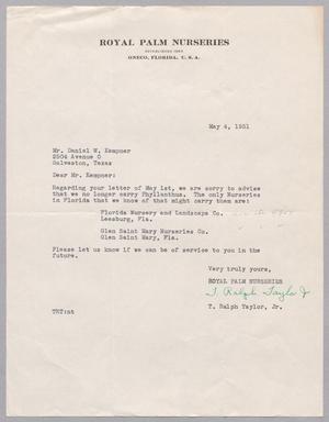 [Letter from Royal Palm Nurseries to Daniel W. Kempner, May 4, 1951]