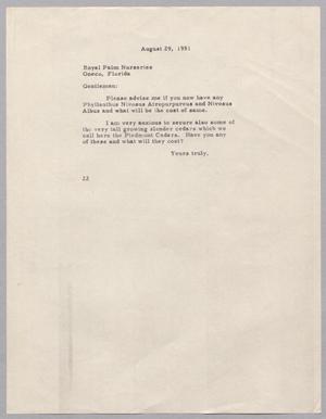 Primary view of object titled '[Letter from Daniel W. Kempner to Royal Palm Nurseries, August 29, 1951]'.