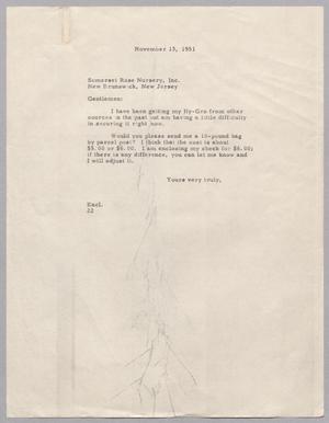 Primary view of object titled '[Letter from Daniel W. Kempner to Somerset Roser Nursery Incorporated, November 13, 1951]'.