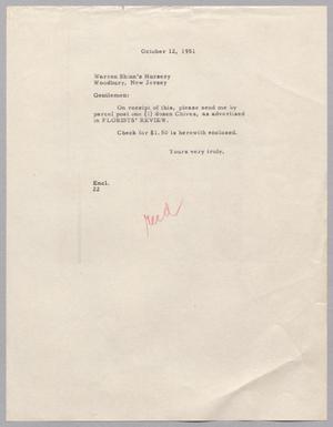 [Letter from Daniel W. Kempner to Warren Shinn's Nursery, October 12, 1951]