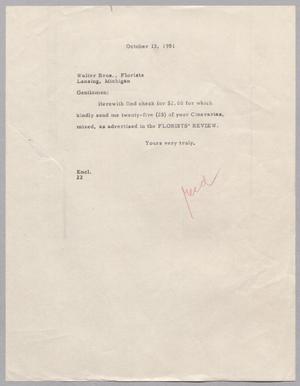 Primary view of object titled '[Letter from Daniel Webster Kempner to Walter Bros., Florists, October 13, 1951]'.