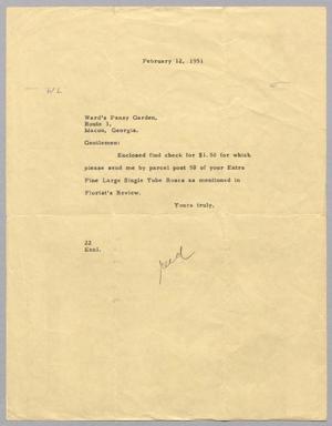 Primary view of object titled '[Letter from Daniel Webster Kempner to Ward's Pansy Garden, February 12, 1951]'.