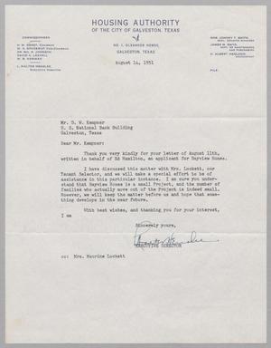 [Letter from Housing Authority to Daniel W. Kempner, August 14, 1951]