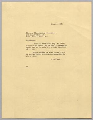 [Letter from Daniel W. Kempner to Hammacher Schiemmer, May 21, 1951]