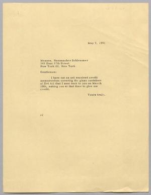 [Letter from Daniel W. Kempner to Hammacher Schlemmer, May 7, 1951]