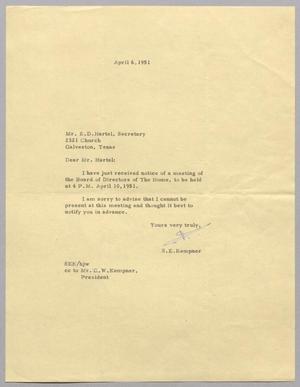 [Letter from Stanley Eugene Kempner to E. D. Hartel, April 6, 1951]