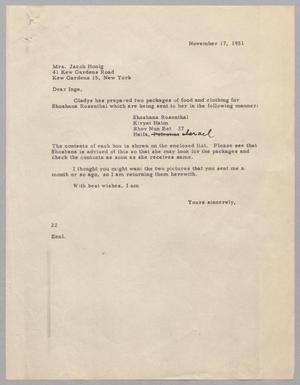 Primary view of object titled '[Letter from D. W. Kempner to Inge Honig, November 17, 1953]'.