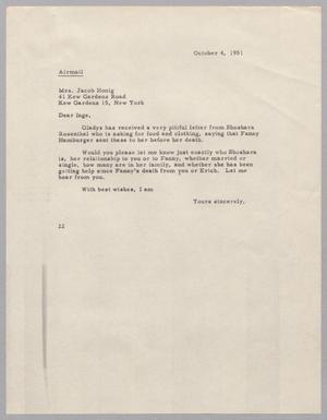 Primary view of object titled '[Letter from D. W. Kempner to Inge Honig, October 4, 1953]'.