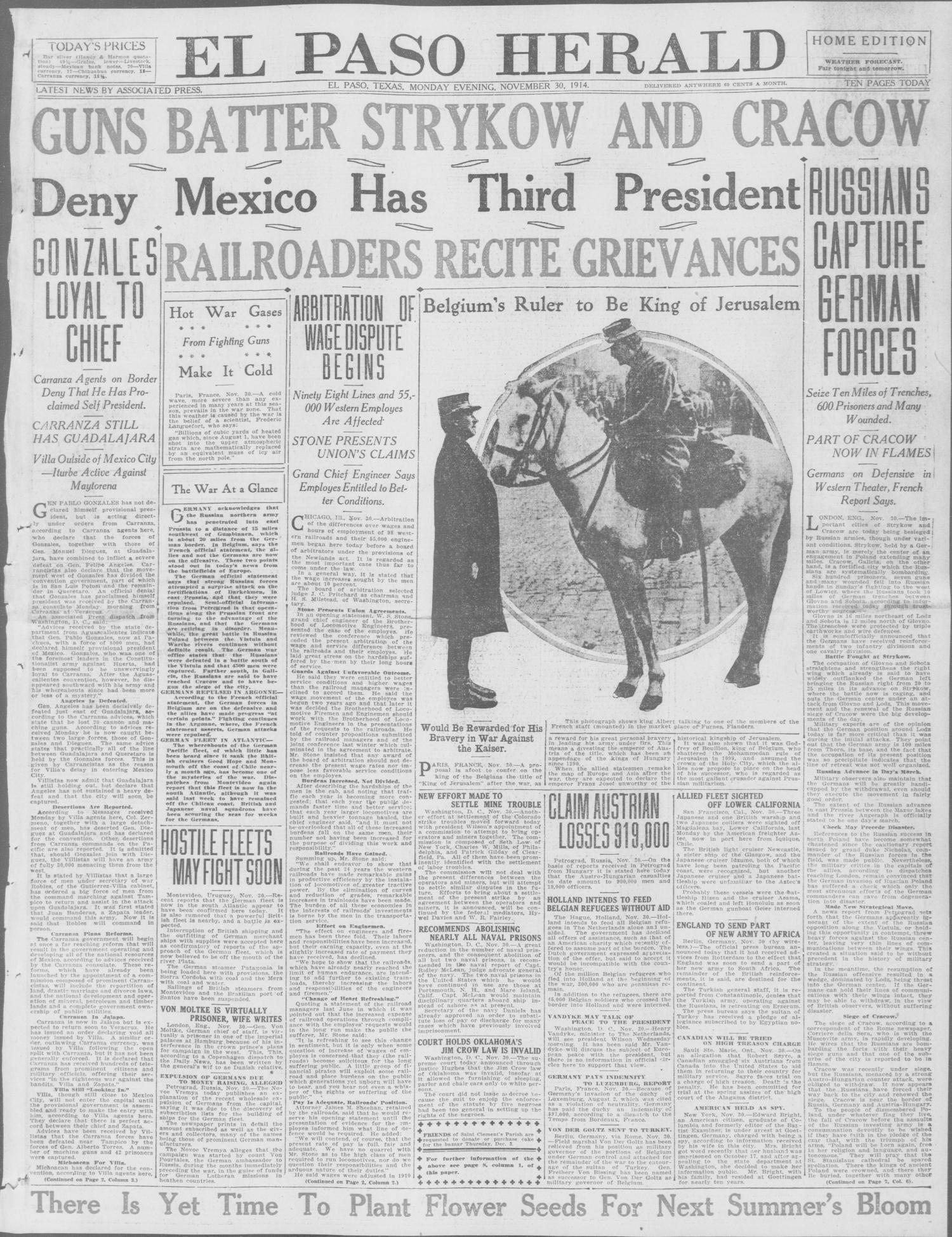 El Paso Herald (El Paso, Tex.), Ed. 1, Monday, November 30, 1914
                                                
                                                    [Sequence #]: 1 of 10
                                                