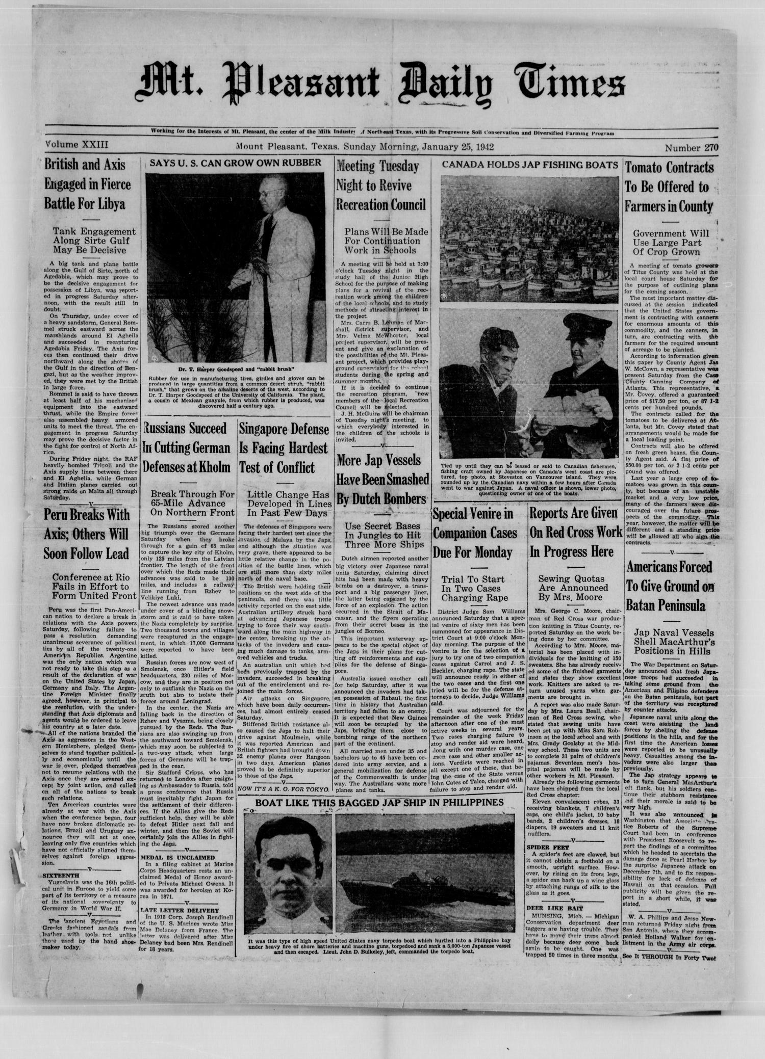 Mt. Pleasant Daily Times (Mount Pleasant, Tex.), Vol. 23, No. 270, Ed. 1 Sunday, January 25, 1942
                                                
                                                    [Sequence #]: 1 of 4
                                                