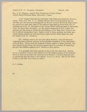 [Letter from Ray I. Mehan regarding the logistics with the gift tax, July 21, 1960]