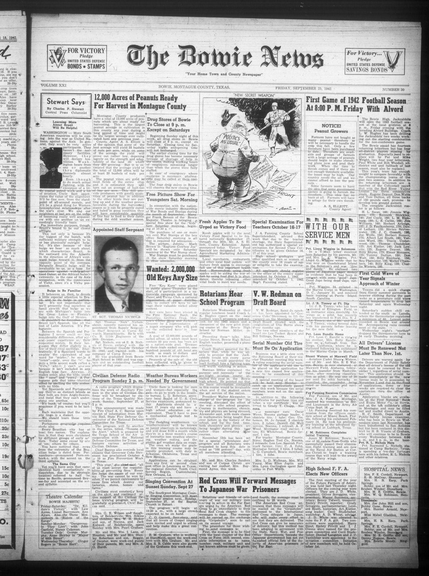 The Bowie News (Bowie, Tex.), Vol. 21, No. 30, Ed. 1 Friday, September 25, 1942
                                                
                                                    [Sequence #]: 1 of 8
                                                