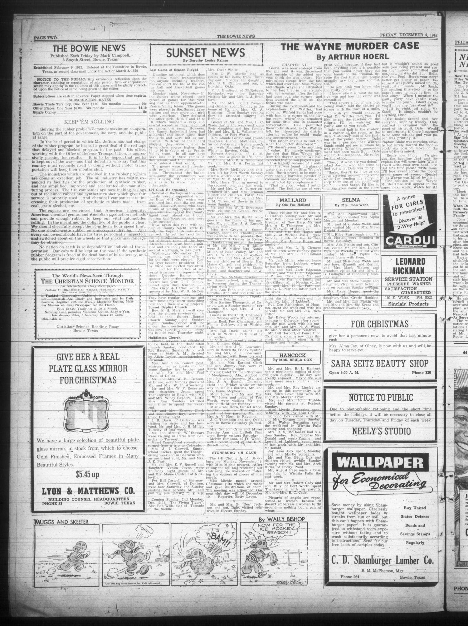 The Bowie News (Bowie, Tex.), Vol. 21, No. 40, Ed. 1 Friday, December 4, 1942
                                                
                                                    [Sequence #]: 2 of 8
                                                