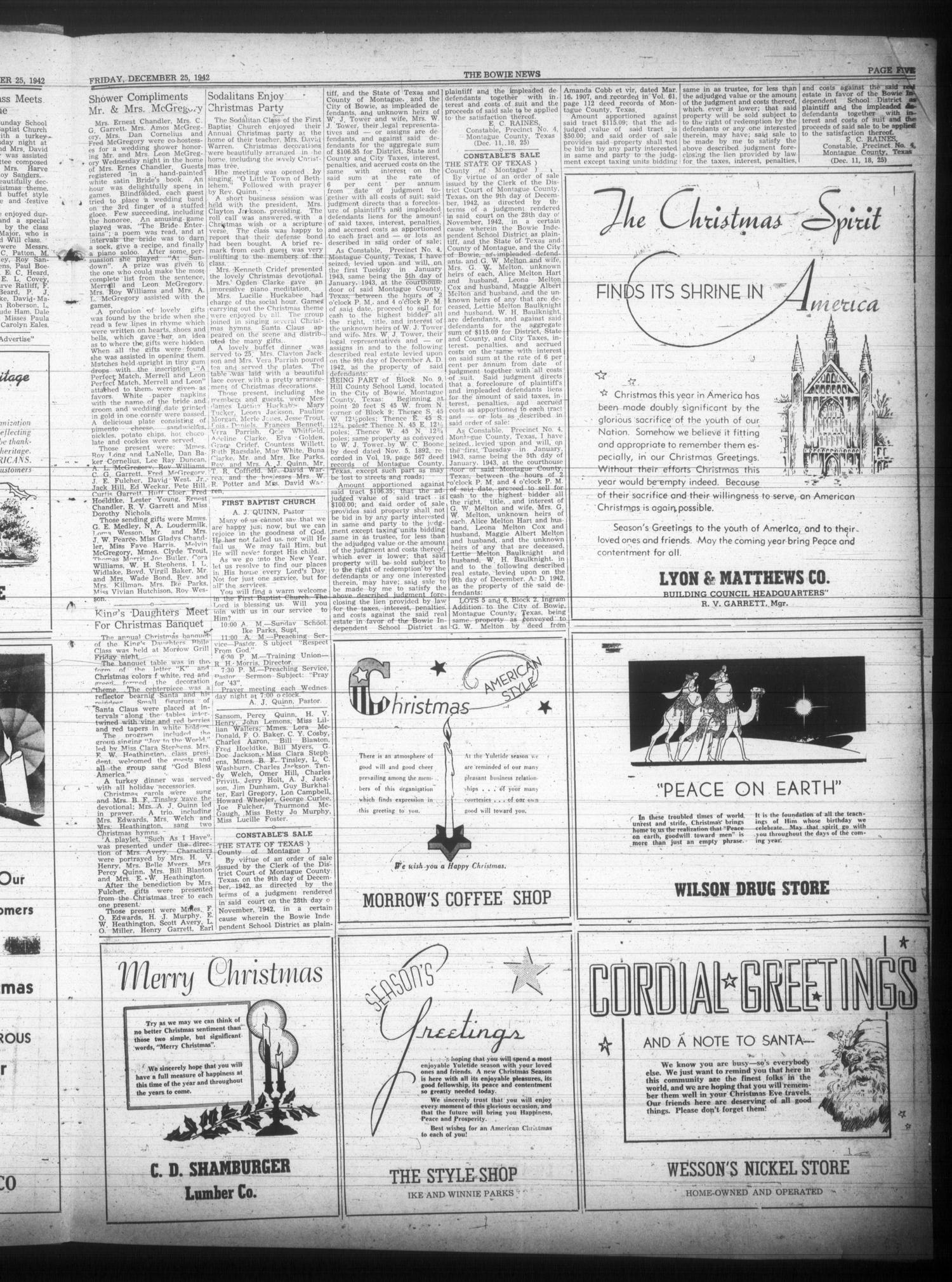 The Bowie News (Bowie, Tex.), Vol. 21, No. 43, Ed. 1 Friday, December 25, 1942
                                                
                                                    [Sequence #]: 5 of 8
                                                