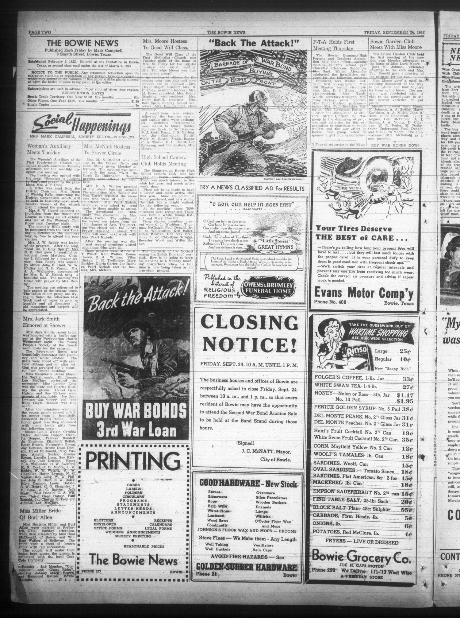 The Bowie News (Bowie, Tex.), Vol. 22, No. 29, Ed. 1 Friday, September 24, 1943
                                                
                                                    [Sequence #]: 2 of 6
                                                