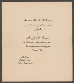 Primary view of object titled '[Announcement of the Marriage of Jewell Reeves and Jack D. Hudson, April 23, 1924]'.