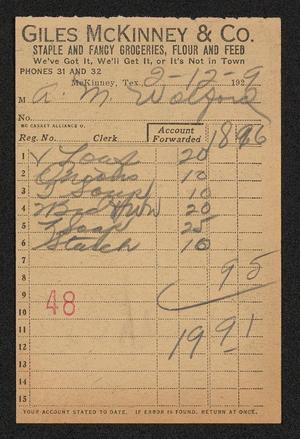 Primary view of object titled '[Invoice for Groceries from Giles McKinney & Co., February 12, 1929]'.