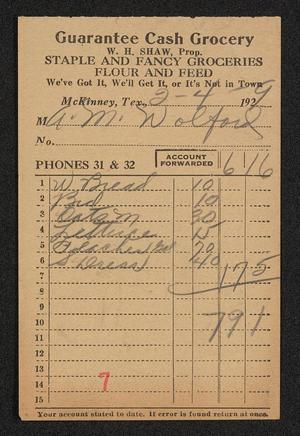 Primary view of object titled '[Invoice for Groceries from Giles Grocery, February 2, 1929]'.