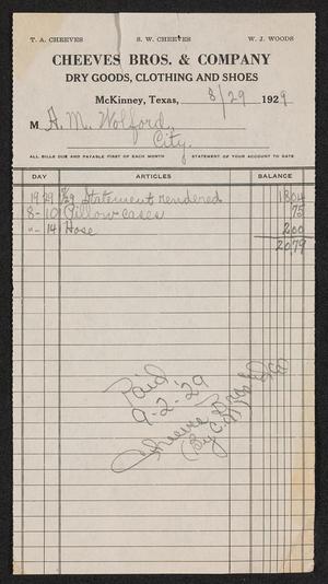 Primary view of object titled '[Invoice for Cheeves Bros. & Company, August 8, 1929]'.