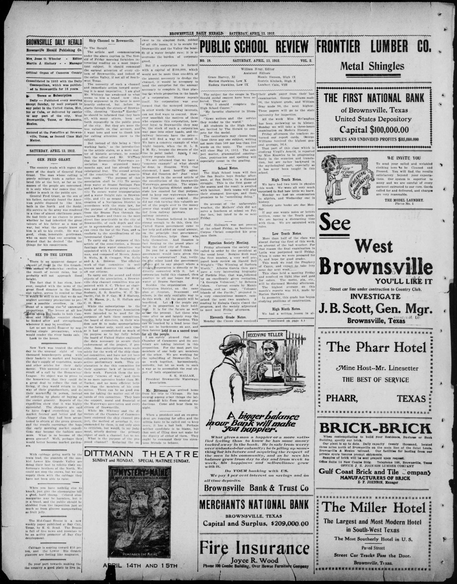 Brownsville Herald. (Brownsville, Tex.), Vol. 19, No. 199, Ed. 1 Saturday, April 13, 1912
                                                
                                                    [Sequence #]: 2 of 4
                                                