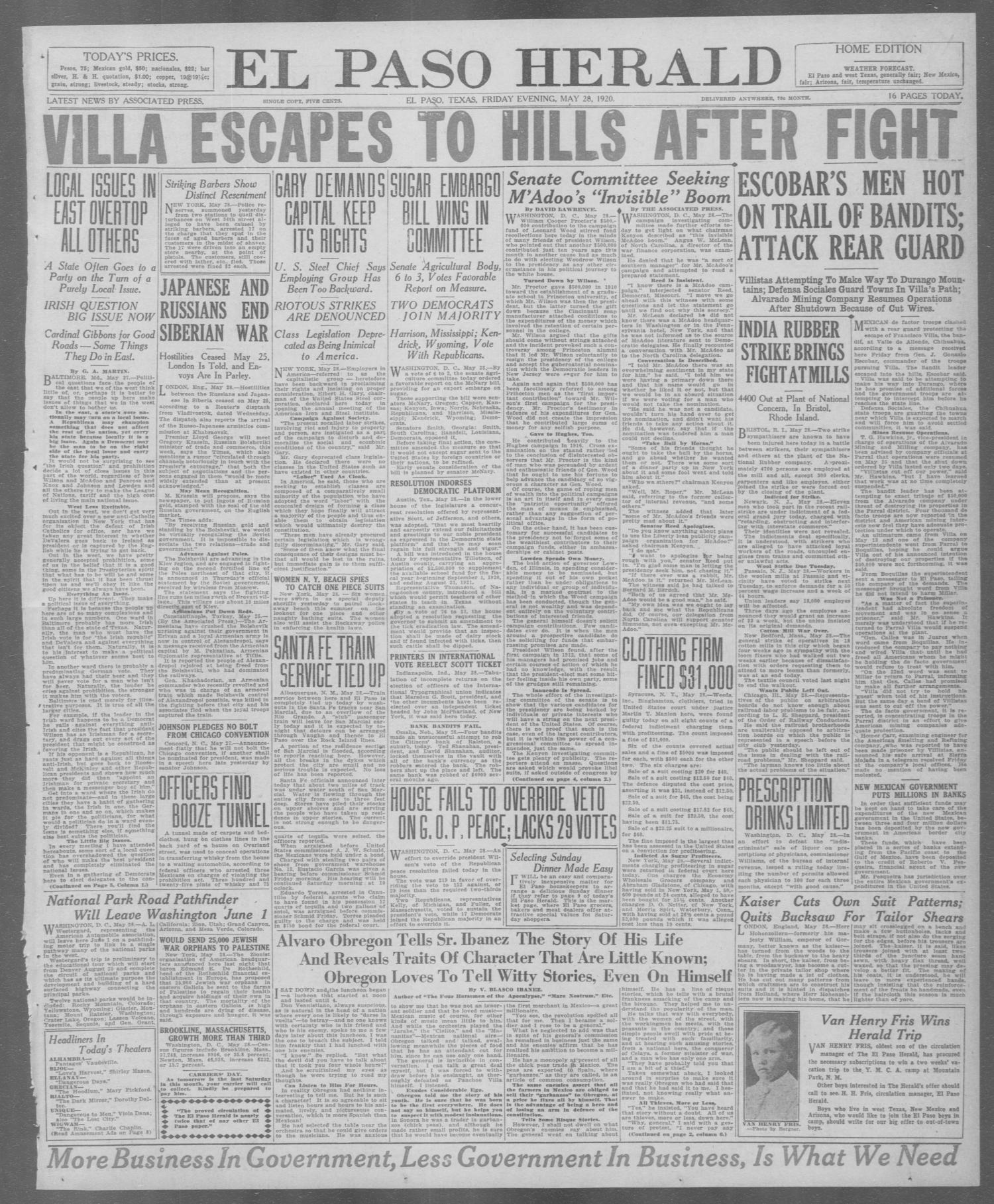 El Paso Herald (El Paso, Tex.), Ed. 1, Friday, May 28, 1920
                                                
                                                    [Sequence #]: 1 of 16
                                                