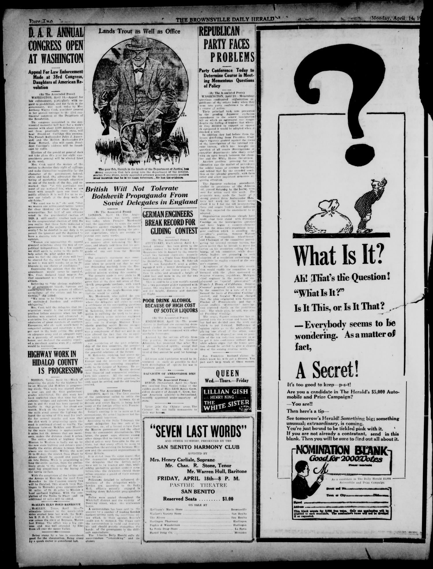 The Brownsville Herald (Brownsville, Tex.), Vol. 30, No. 285, Ed. 1 Monday, April 14, 1924
                                                
                                                    [Sequence #]: 2 of 6
                                                