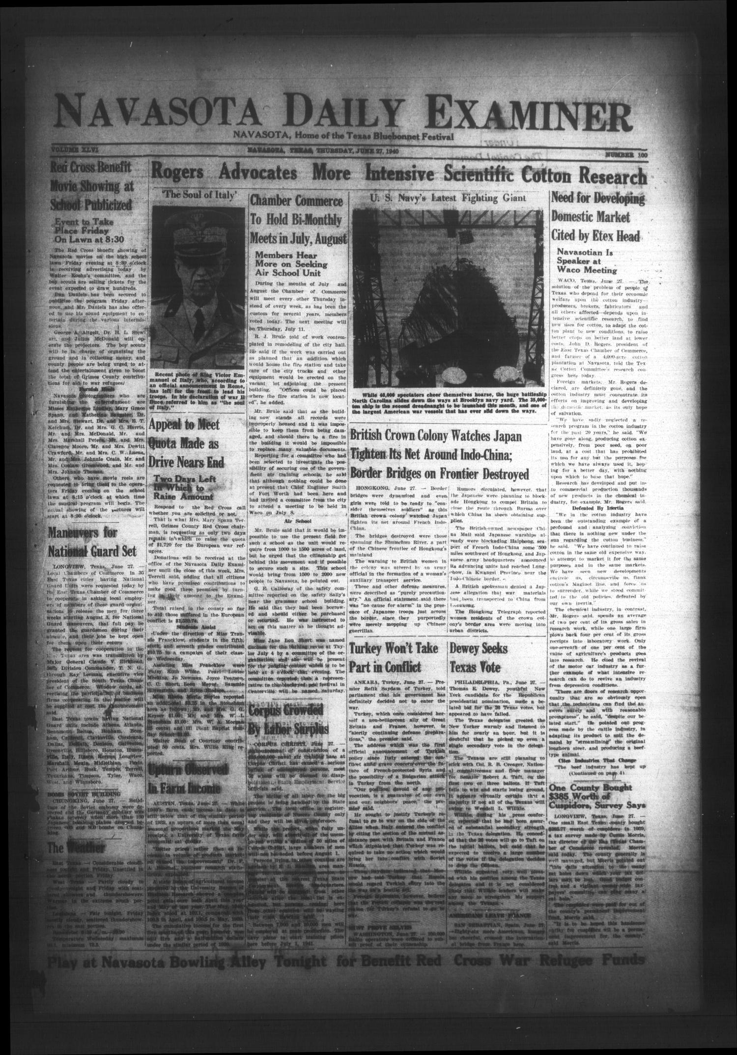 Navasota Daily Examiner (Navasota, Tex.), Vol. 46, No. 100, Ed. 1 Thursday, June 27, 1940
                                                
                                                    [Sequence #]: 1 of 4
                                                